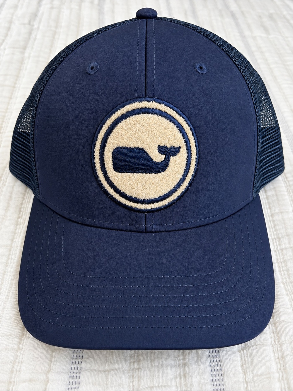 Vineyard Vines Navy Trucker Hat with Cream Whale Patch
